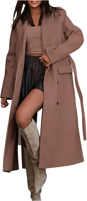 maisdgop Womens Pea Coat Winter Notch Lapel Wool Coat Double Breasted Business Windbreaker Casual Long Woolen Trench Coat