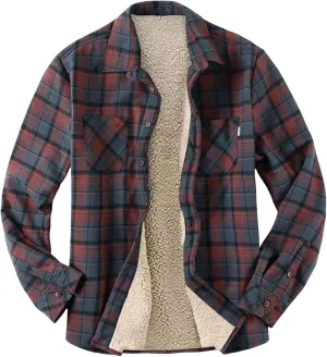 Men Jacket Casual Sherpa Lined Fleece Plaid Flannel Jacket Warm Coats Relaxed Fit Button Up Long Sleeve Shacket Shirt