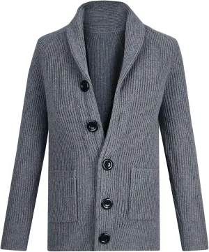 Men Shawl Collar Slim Cardigan Casual Thermal Knitted Sweaters with Pockets Soft Cotton Button Down Knit Sweater