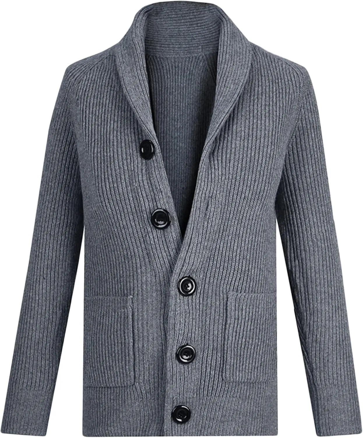 Men Shawl Collar Slim Cardigan Casual Thermal Knitted Sweaters with Pockets Soft Cotton Button Down Knit Sweater