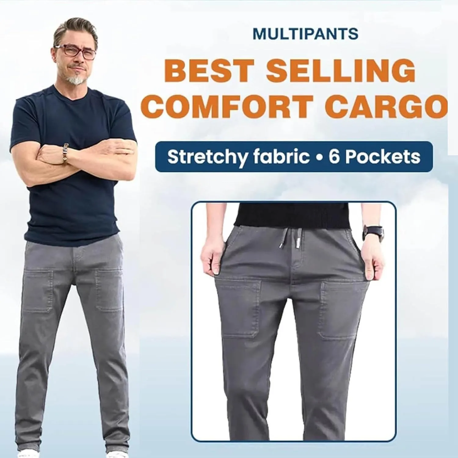 Mencomfy Cargo Pants, Elastic Waist MultiPants - High Stretch Multi-Pocket Durable Cargo Pants for Men with Pockets
