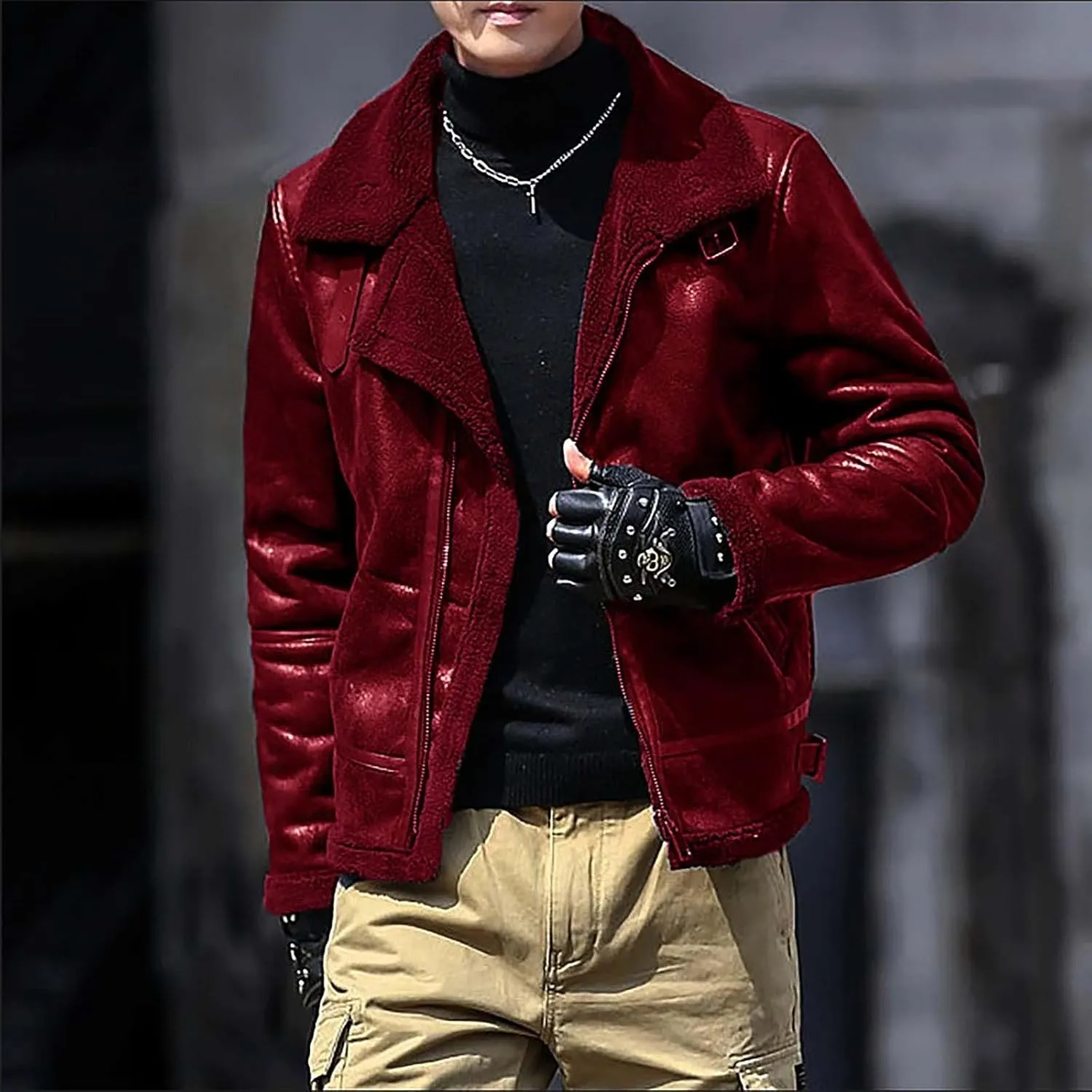 Mens 2023 Fleece Lined Faux Leather Suede Jackets Winter Sherpa Lined Trucker Jacket Warm Fleece Zip Up Work Coat