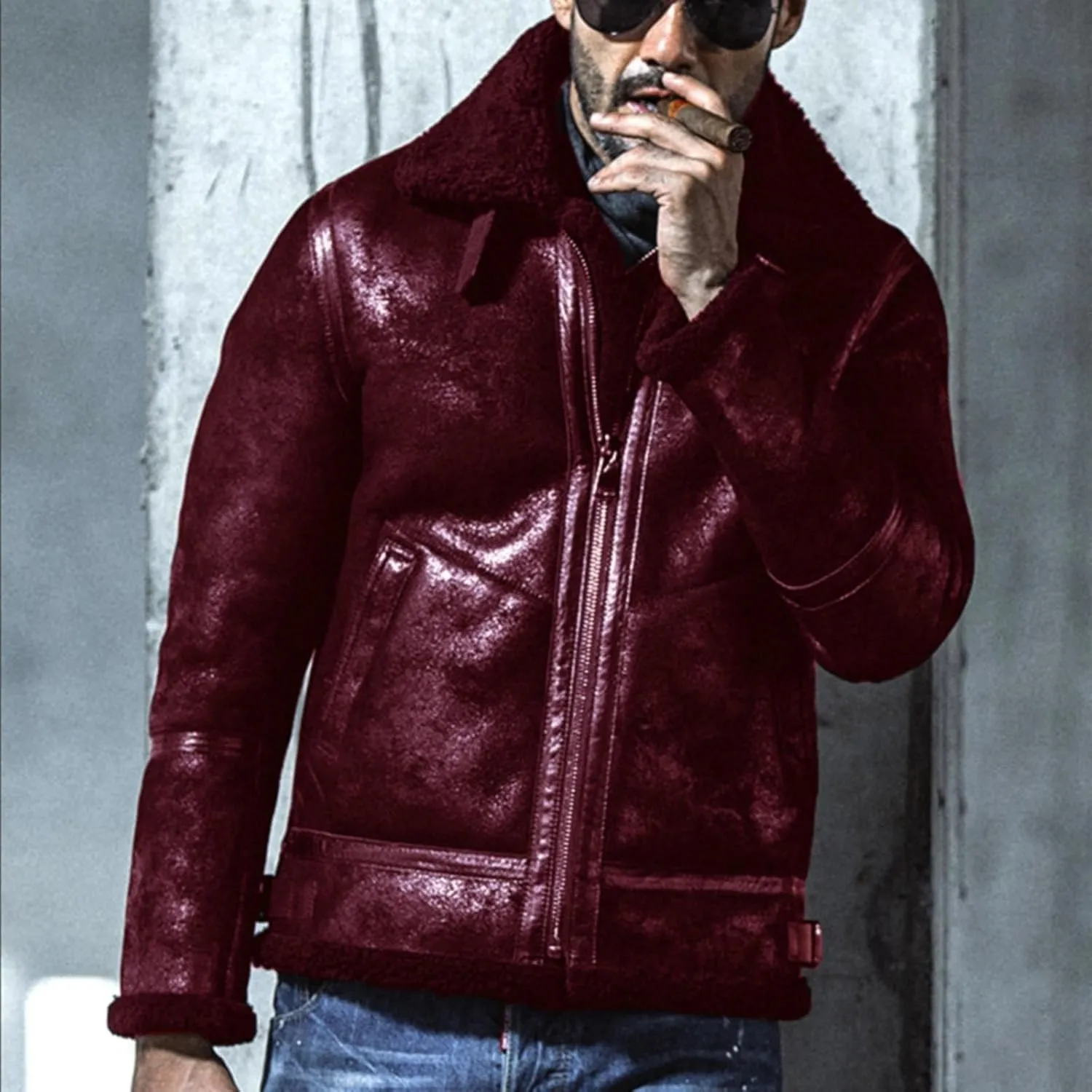 Mens Bomber Sherpa Faux Leather Jacket Zip Up Heavyweight Trench Coat Spread Collared Winter Suede Jackets