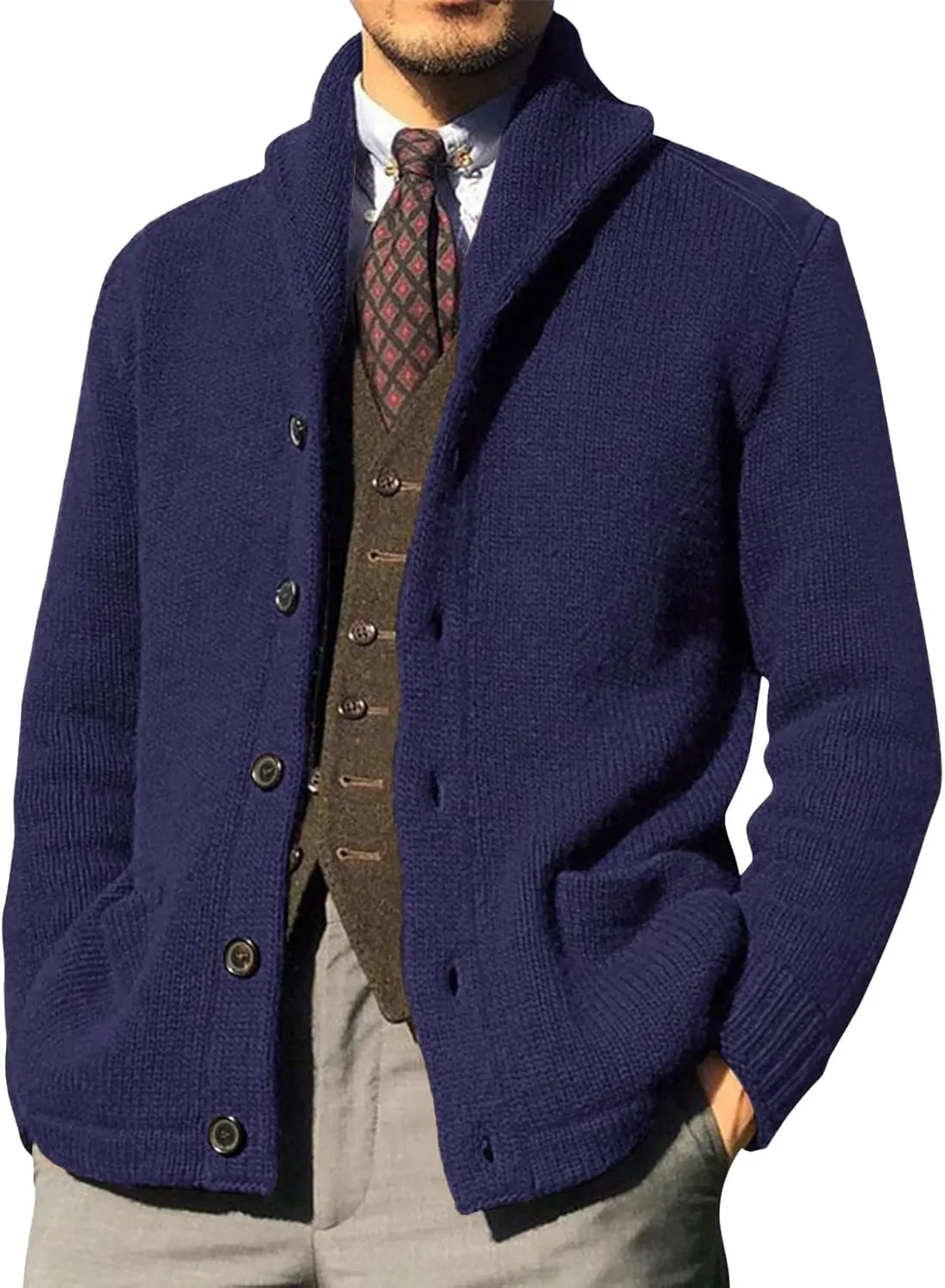 Mens Cable Knit Cardigan Sweater Christmas Elk Button Loose Fit Casual Sweaters Stand Collar Stretch Xmas Warm Outwear
