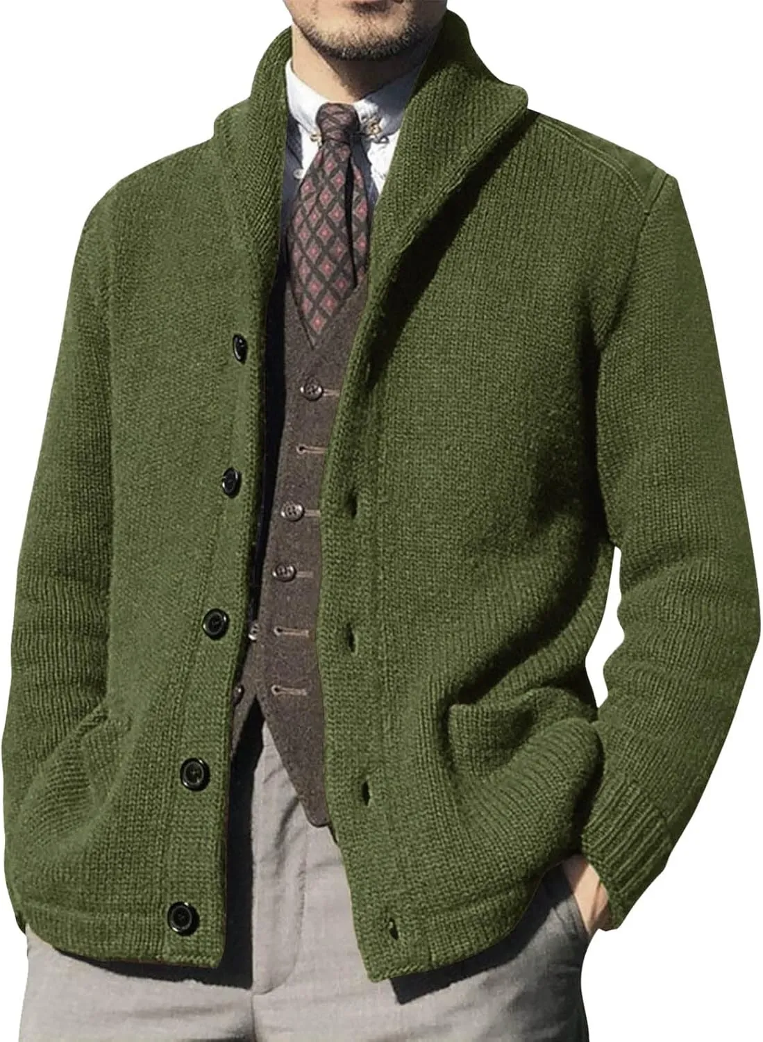 Mens Cable Knit Cardigan Sweater Christmas Elk Button Loose Fit Casual Sweaters Stand Collar Stretch Xmas Warm Outwear