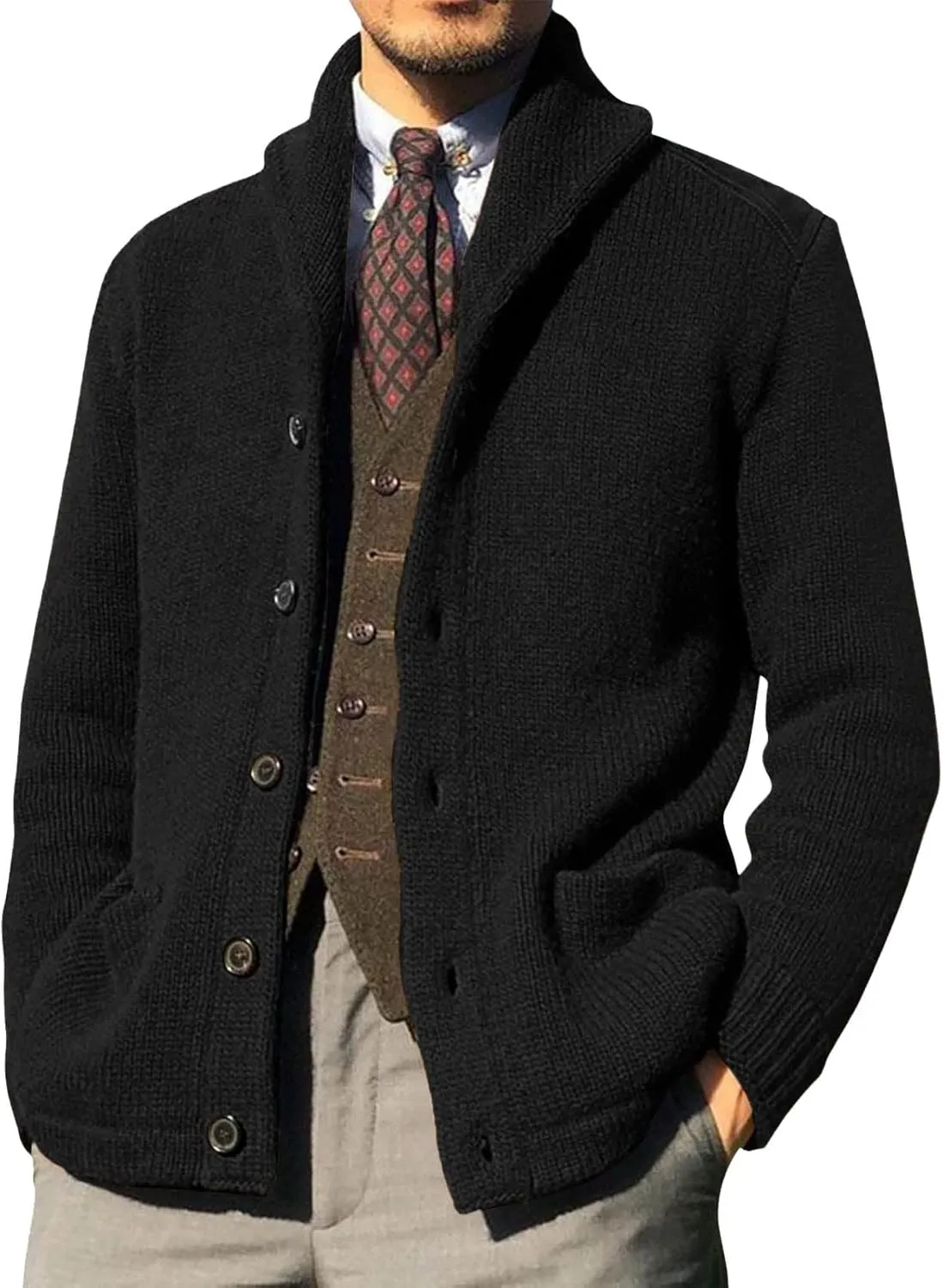 Mens Cable Knit Cardigan Sweater Christmas Elk Button Loose Fit Casual Sweaters Stand Collar Stretch Xmas Warm Outwear