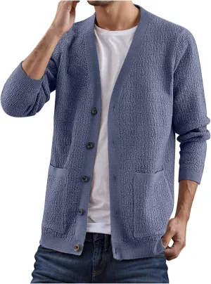 Mens Cable Knit Cardigan Sweater V-Neck Button Down Casual Sweaters Fashion Ribbed Chunky Outwear with Pocket