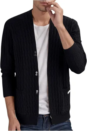 Mens Cardigan Sweater Casual Button Down Long Sleeve V Neck Cable Knit Sweaters with Pockets Slim Fit Overcoats