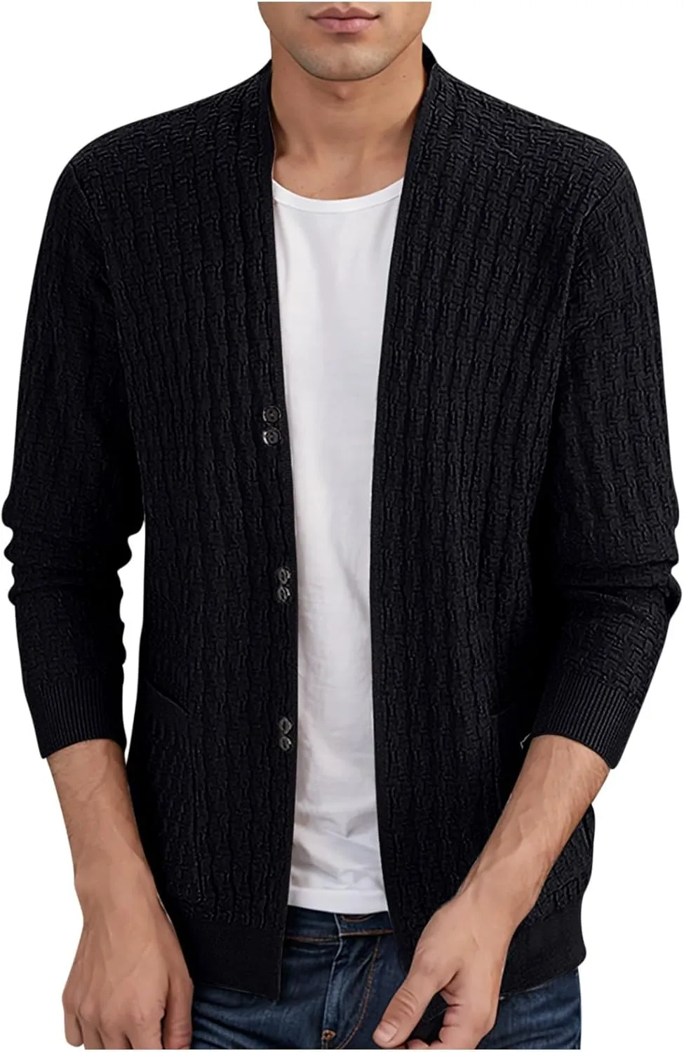 Mens Cardigan Sweater Casual Button Down Long Sleeve V Neck Cable Knit Sweaters with Pockets Slim Fit Overcoats