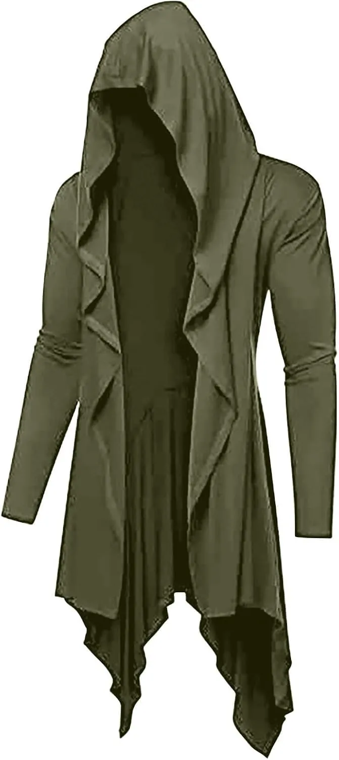 Mens Cardigan,Gothic Lightweight Long Sleeve Hooded Cape Ruffle Shawl Collar Overcoat Retro Assassin Outfits