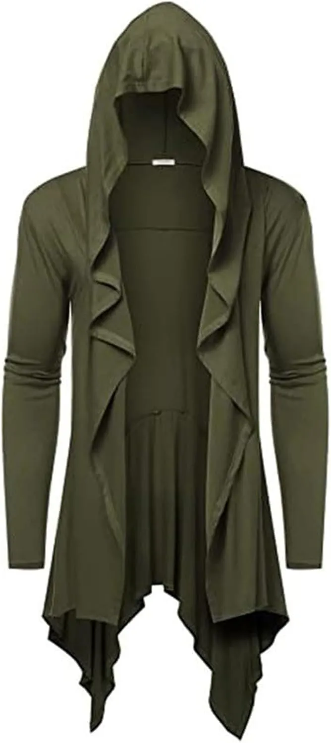 Mens Cardigan,Gothic Lightweight Long Sleeve Hooded Cape Ruffle Shawl Collar Overcoat Retro Assassin Outfits