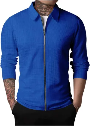 Mens Casual Cardigan Sweaters Lapel Collar Solid Color Long Sleeve Jackets Full Zipper Closure Button Up Pullover Top Shirts