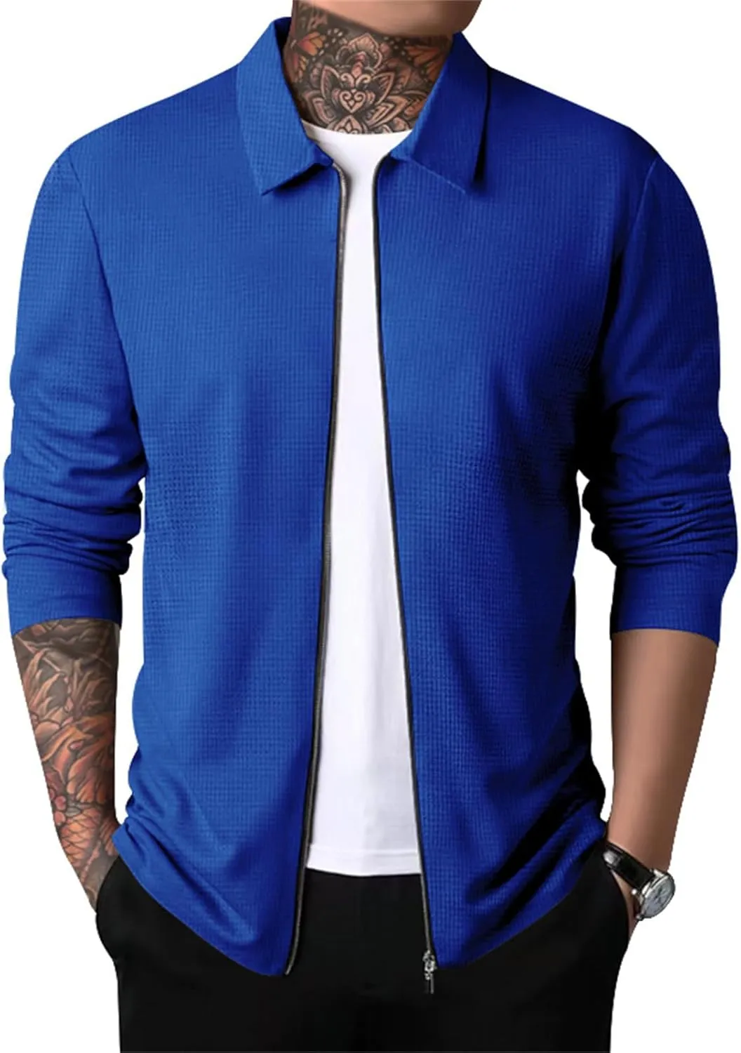 Mens Casual Cardigan Sweaters Lapel Collar Solid Color Long Sleeve Jackets Full Zipper Closure Button Up Pullover Top Shirts