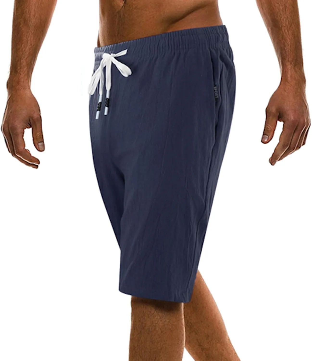 Men's Casual Cotton Linen Shorts Flat Front Trendy Drawstring Beach Shorts Lightweight Stretch Waistband Shorts with Pockets