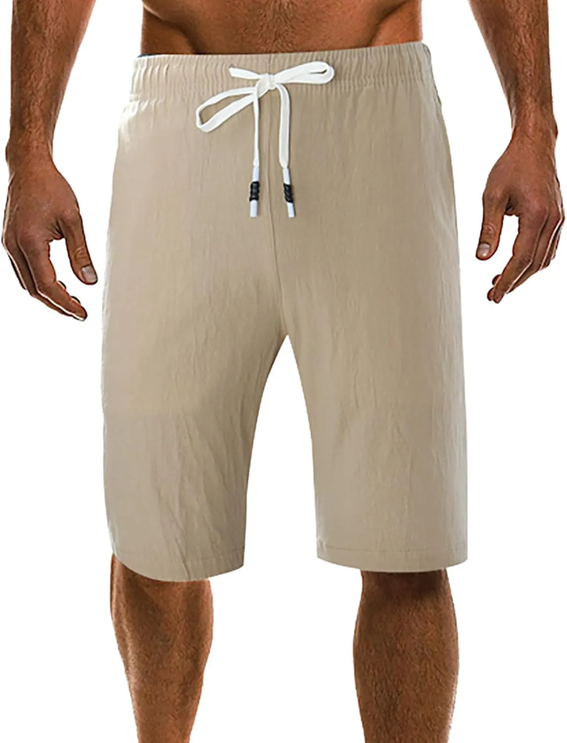 Men's Casual Cotton Linen Shorts Flat Front Trendy Drawstring Beach Shorts Lightweight Stretch Waistband Shorts with Pockets