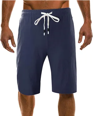 Men's Casual Cotton Linen Shorts Flat Front Trendy Drawstring Beach Shorts Lightweight Stretch Waistband Shorts with Pockets