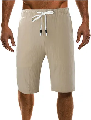 Men's Casual Cotton Linen Shorts Flat Front Trendy Drawstring Beach Shorts Lightweight Stretch Waistband Shorts with Pockets