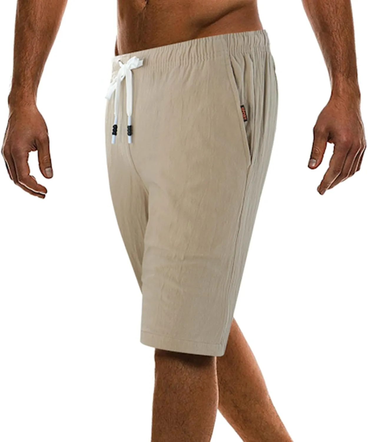 Men's Casual Cotton Linen Shorts Flat Front Trendy Drawstring Beach Shorts Lightweight Stretch Waistband Shorts with Pockets