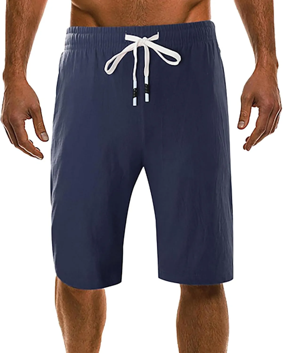Men's Casual Cotton Linen Shorts Flat Front Trendy Drawstring Beach Shorts Lightweight Stretch Waistband Shorts with Pockets