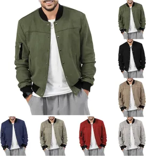 Mens Casual Faux Suede Bomber Jacket Classic Jacket Windbreaker Vintage Button Down Cardigan Lightweight Leather Coats