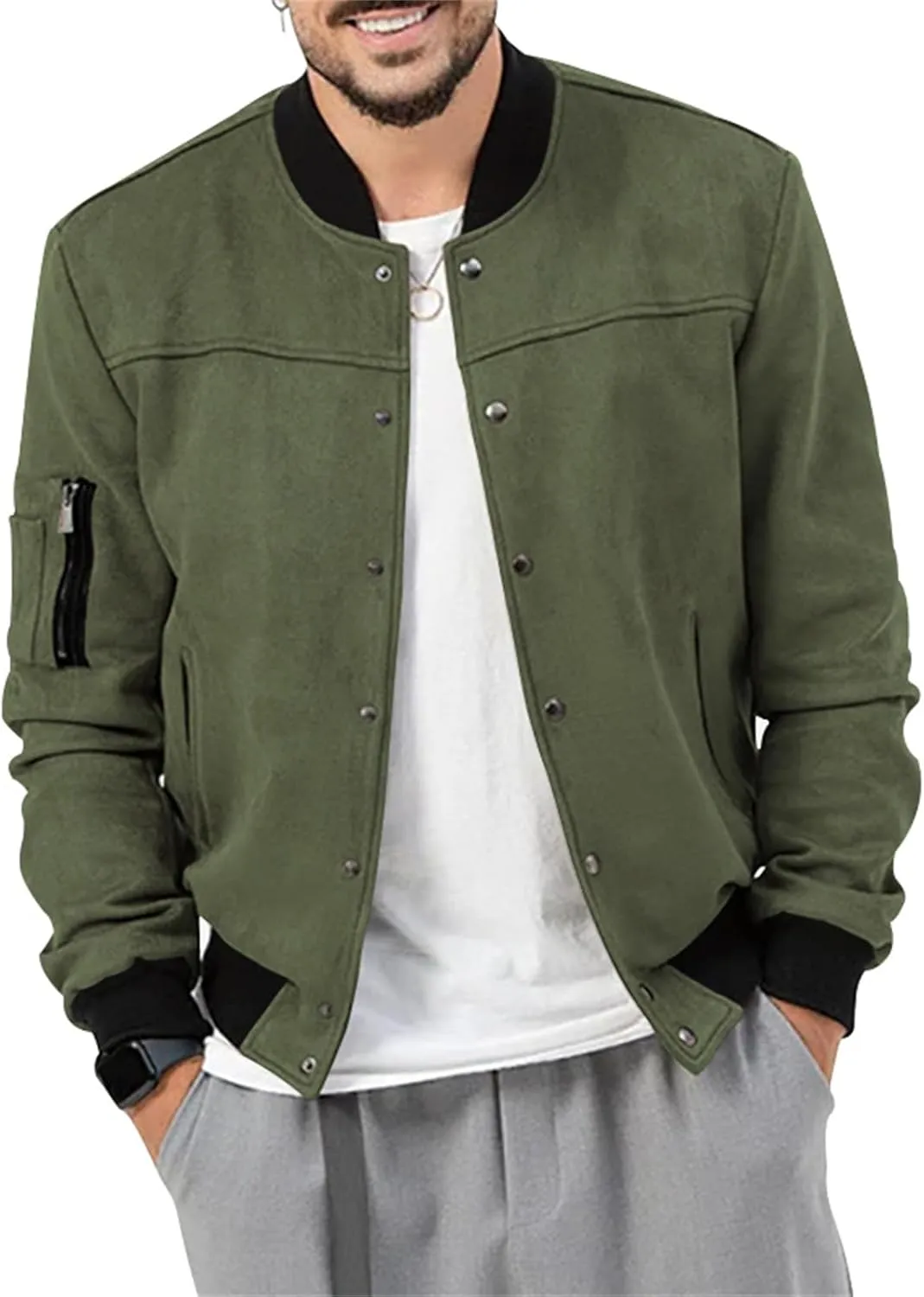 Mens Casual Faux Suede Bomber Jacket Classic Jacket Windbreaker Vintage Button Down Cardigan Lightweight Leather Coats