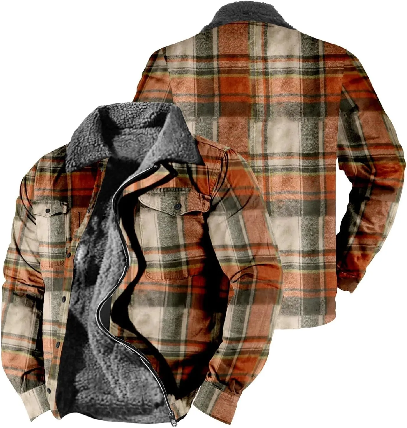 Mens Casual Fleece Sherpa Lined Flannel Plaid Button Down Shirt Jacket Hooded Sweatshirt Warm Fall Winter Coats