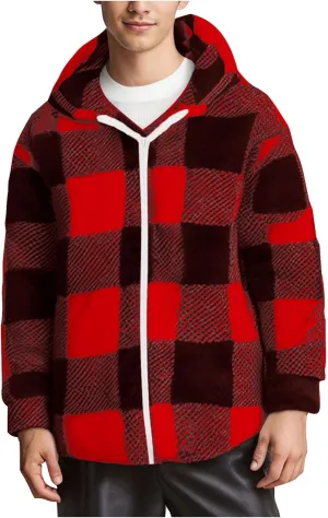 Men's Casual Plaid Jacket Padded Long Sleeve Hoodie Full Zipper Padded Warm Jacket Thick Hooded Coat Outerwear