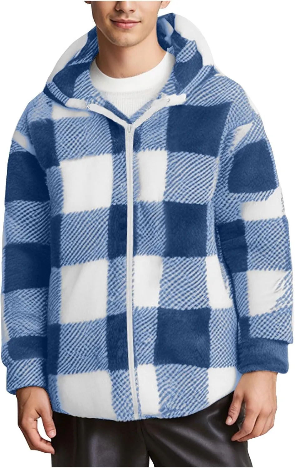 Men's Casual Plaid Jacket Padded Long Sleeve Hoodie Full Zipper Padded Warm Jacket Thick Hooded Coat Outerwear
