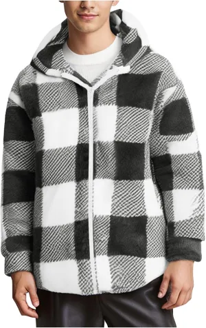 Men's Casual Plaid Jacket Padded Long Sleeve Hoodie Full Zipper Padded Warm Jacket Thick Hooded Coat Outerwear