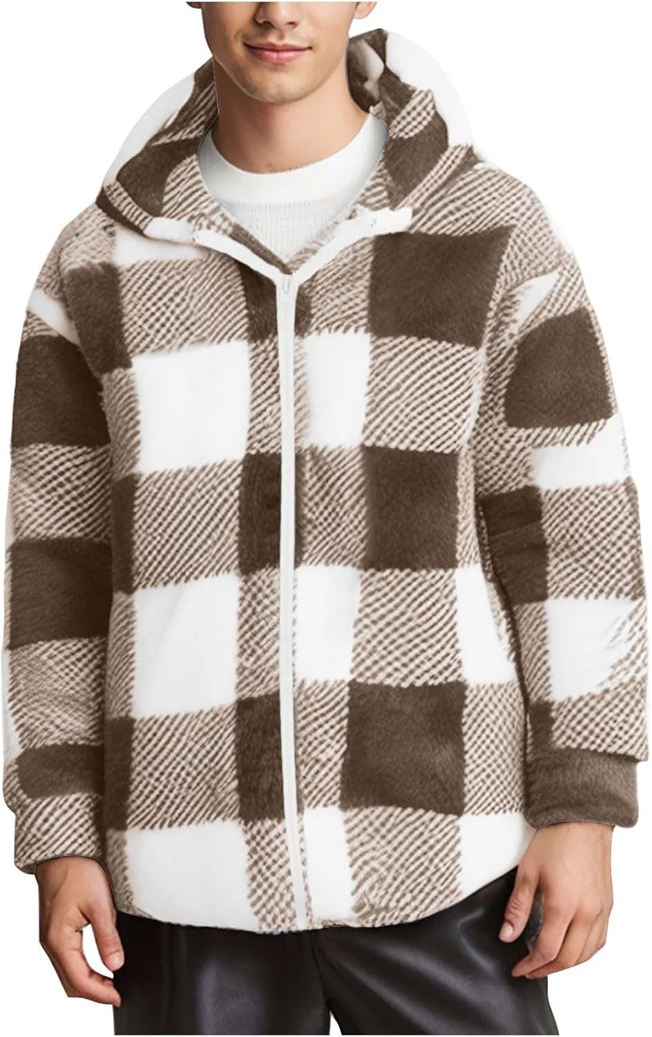 Men's Casual Plaid Jacket Padded Long Sleeve Hoodie Full Zipper Padded Warm Jacket Thick Hooded Coat Outerwear