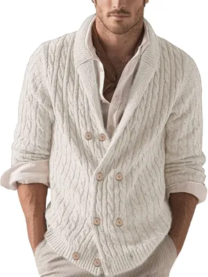 Men's Chunky Ribbed Double Breasted Long-Sleeve Cardigan Sweater V Neck Button Down Knitted Sweater with Pockets