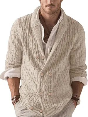Men's Chunky Ribbed Double Breasted Long-Sleeve Cardigan Sweater V Neck Button Down Knitted Sweater with Pockets