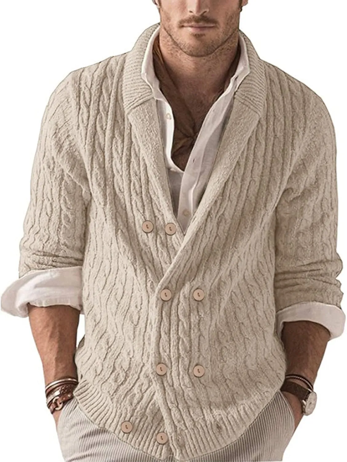 Men's Chunky Ribbed Double Breasted Long-Sleeve Cardigan Sweater V Neck Button Down Knitted Sweater with Pockets