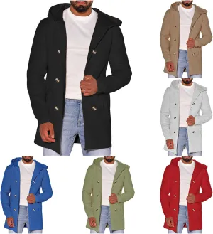 Mens Classic Trench Coat Wool Blend Cardigan Jacket Fleece Lined Long Business Overcoat Warm Hooded Double-Breasted Pea Coat
