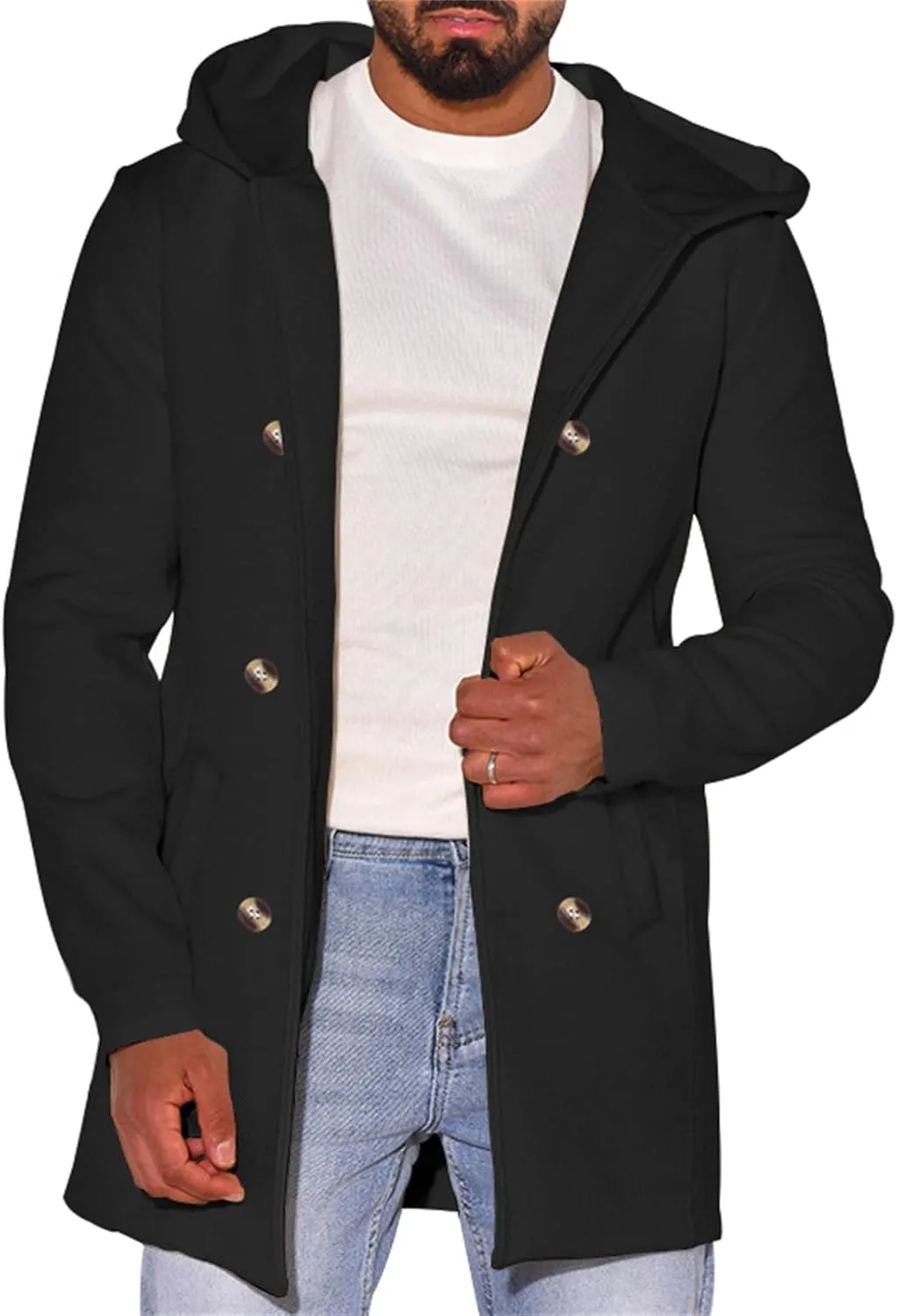 Mens Classic Trench Coat Wool Blend Cardigan Jacket Fleece Lined Long Business Overcoat Warm Hooded Double-Breasted Pea Coat