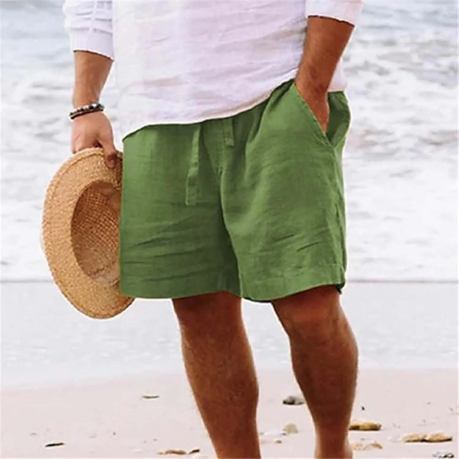 Mens Cotton Linen Shorts Casual Summer Beach Drawstring Linen Cotton Short Elastic Waist Shorts Summer Beach Shorts
