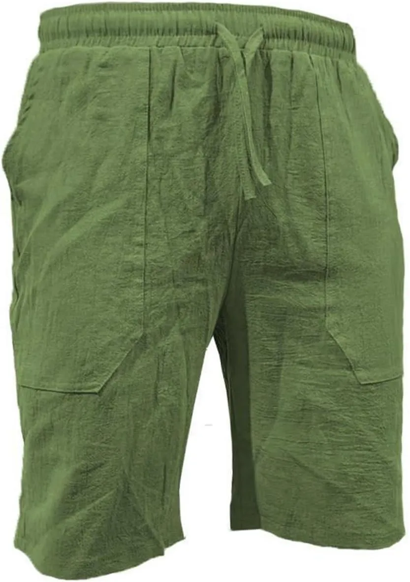 Mens Cotton Linen Shorts Casual Summer Beach Drawstring Linen Cotton Short Elastic Waist Shorts Summer Beach Shorts