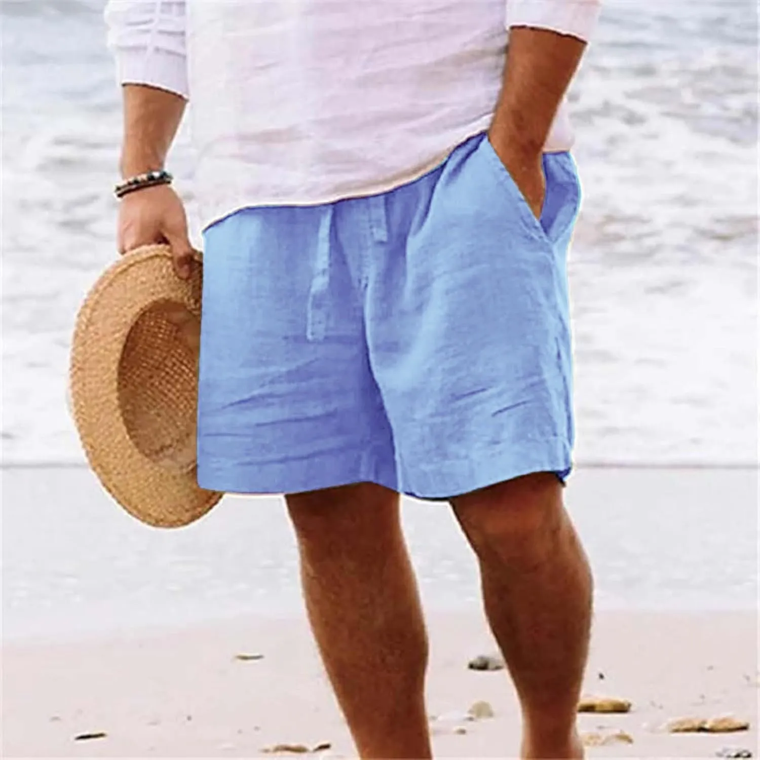 Mens Cotton Linen Shorts Casual Summer Beach Drawstring Linen Cotton Short Elastic Waist Shorts Summer Beach Shorts