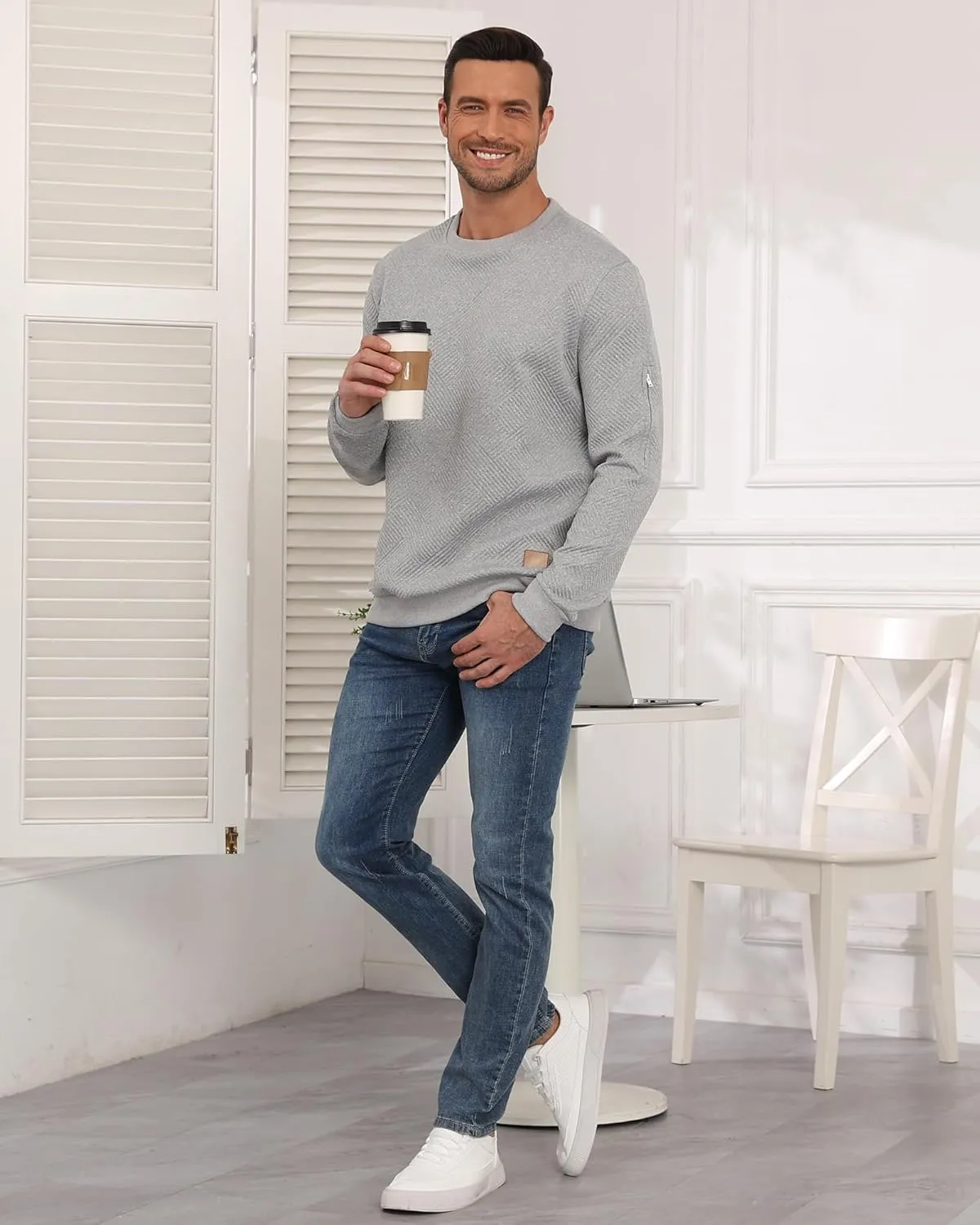 Men's Crewneck Sweatshirts with Arm Pocket Long Sleeve Pullover Sweater Geometric Texture Sweatshirt Lightweight