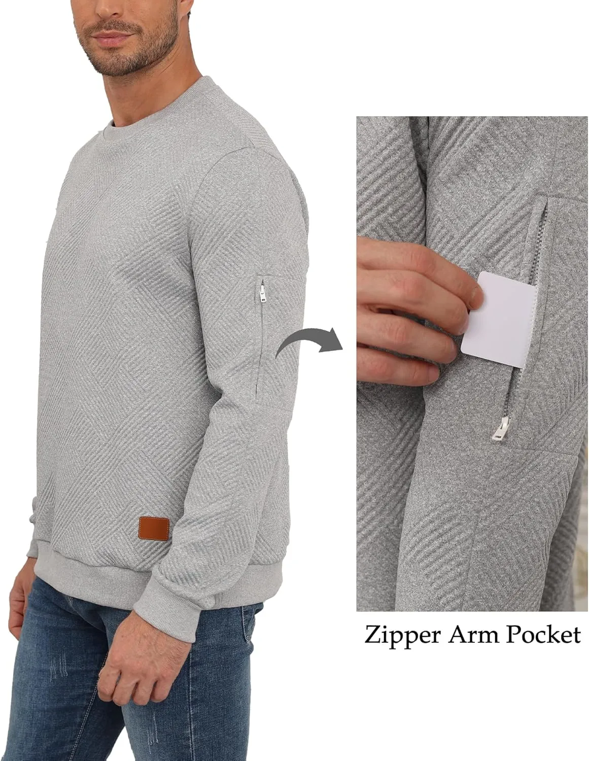 Men's Crewneck Sweatshirts with Arm Pocket Long Sleeve Pullover Sweater Geometric Texture Sweatshirt Lightweight