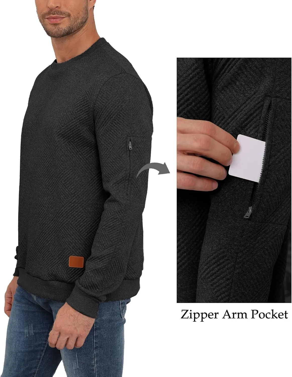 Men's Crewneck Sweatshirts with Arm Pocket Long Sleeve Pullover Sweater Geometric Texture Sweatshirt Lightweight