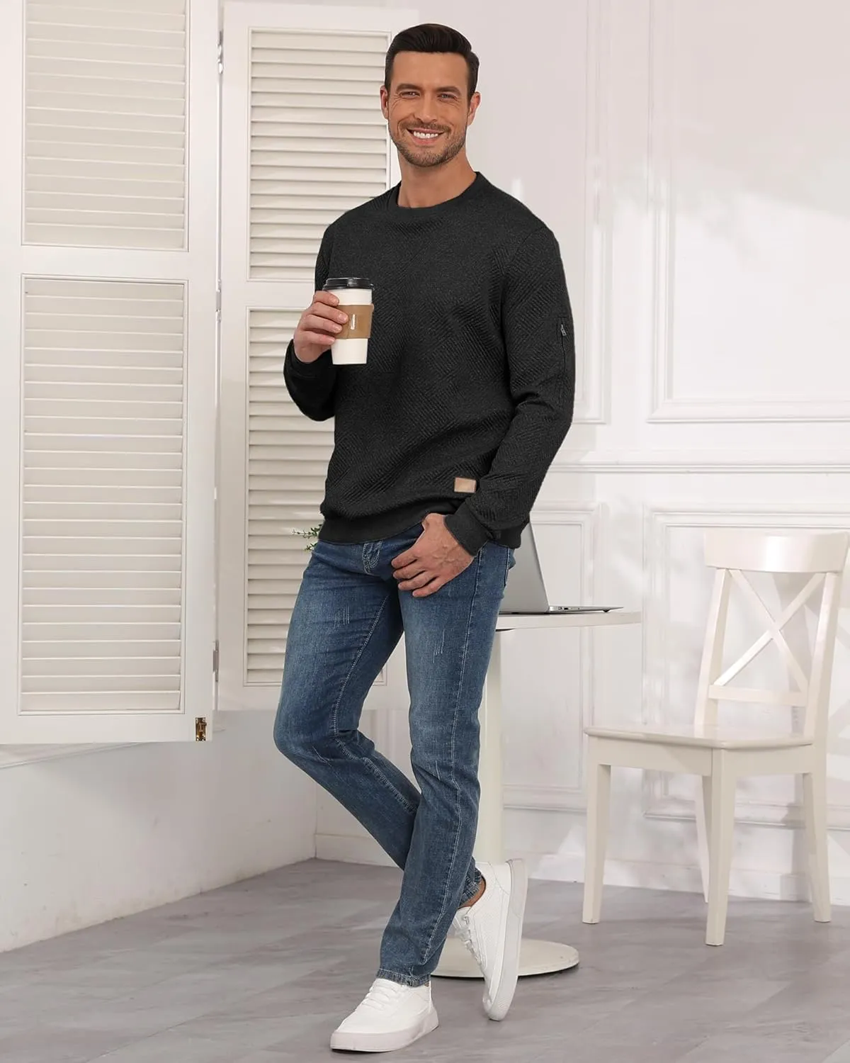 Men's Crewneck Sweatshirts with Arm Pocket Long Sleeve Pullover Sweater Geometric Texture Sweatshirt Lightweight