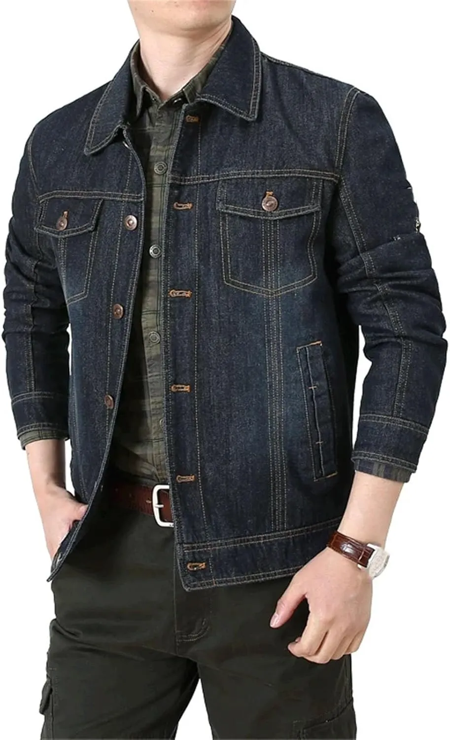 Men's Denim Jacket Fashion Hole Casual Cotton Button Stretch Street Style Workwear Jackets
