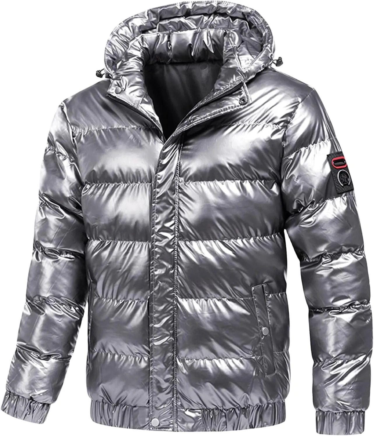 Men's Faux Fur Trimmed Puffer Coat Reflective Shiny Hood Plus Size Bomber Alternative Down Jacket for Stylish Comfort