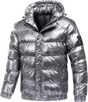 Men's Faux Fur Trimmed Puffer Coat Reflective Shiny Hood Plus Size Bomber Alternative Down Jacket for Stylish Comfort