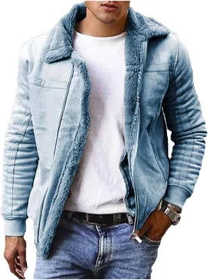 Mens Faux Pu Sherpa Fleece Lined Jacket Zip Up Trucker Jackets Fur Collar Warm Trench Coat with Pockets