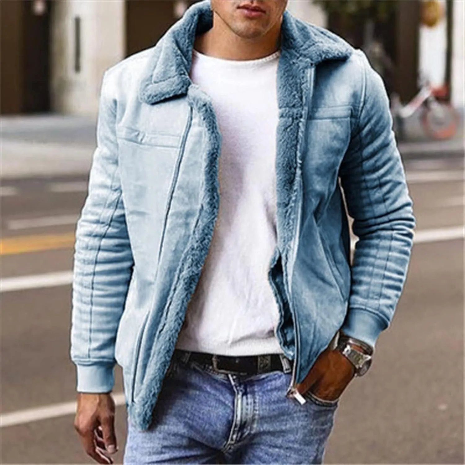 Mens Faux Pu Sherpa Fleece Lined Jacket Zip Up Trucker Jackets Fur Collar Warm Trench Coat with Pockets