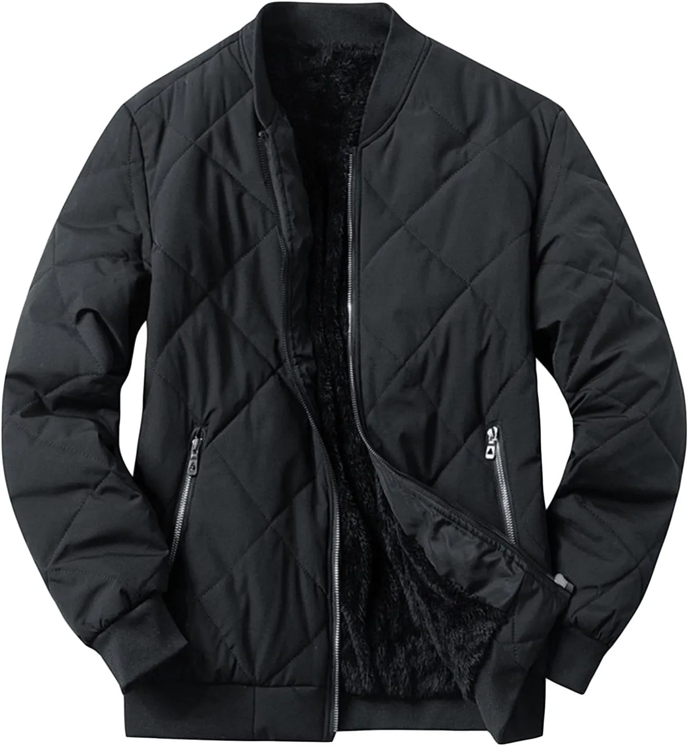 Men's Fleece Lined Diamond Padded Jacket Warm Thicken Zipper Baseball Sherpa Coat Fall Winter Cargo Bomber Jacket