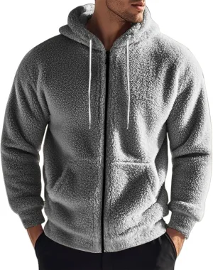 Men's Fuzzy Sherpa Jackets Fleece Hoodie Casual Warm Winter Coat Long Sleeve Full Zip Hoodies Thermal Coat Outerwear