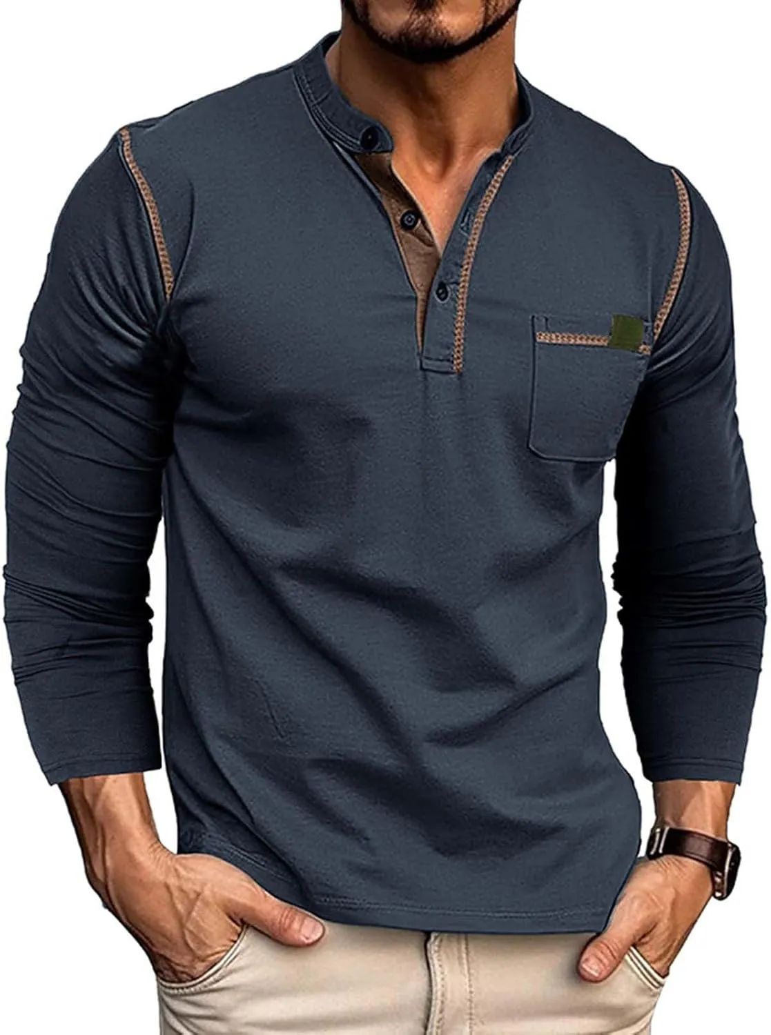 Mens Henley Shirts Long Sleeve Tactical Fleece Sweatshirt Button Pullover Sweater Casual Sweater Lightweight Pullover
